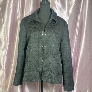 Chico’s Black Satin Scallop Puffer Jacket L Chic Quilted Coat